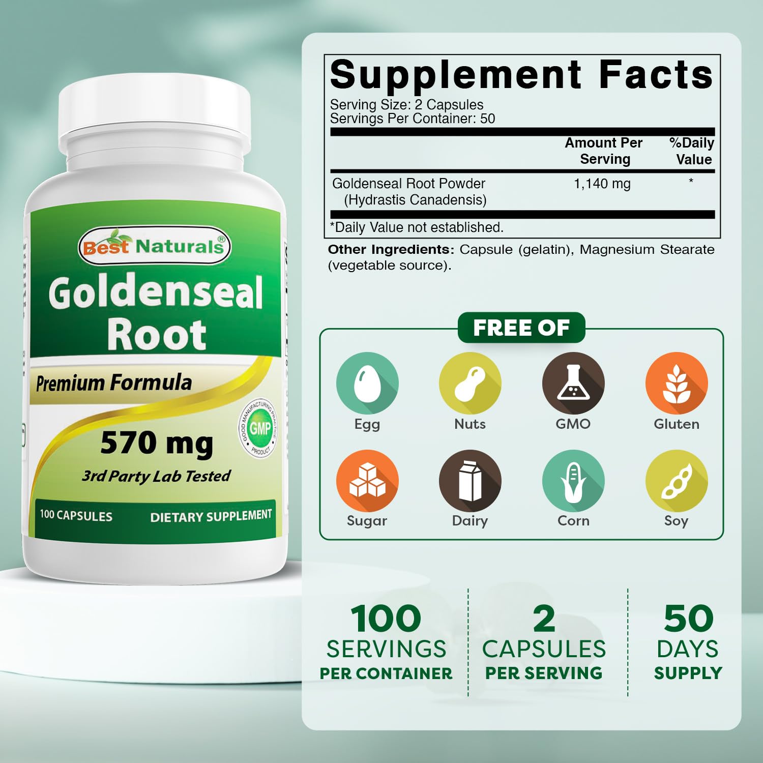 Close-up of Goldenseal Root 570 mg capsule label