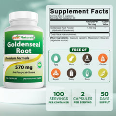 Close-up of Goldenseal Root 570 mg capsule label
