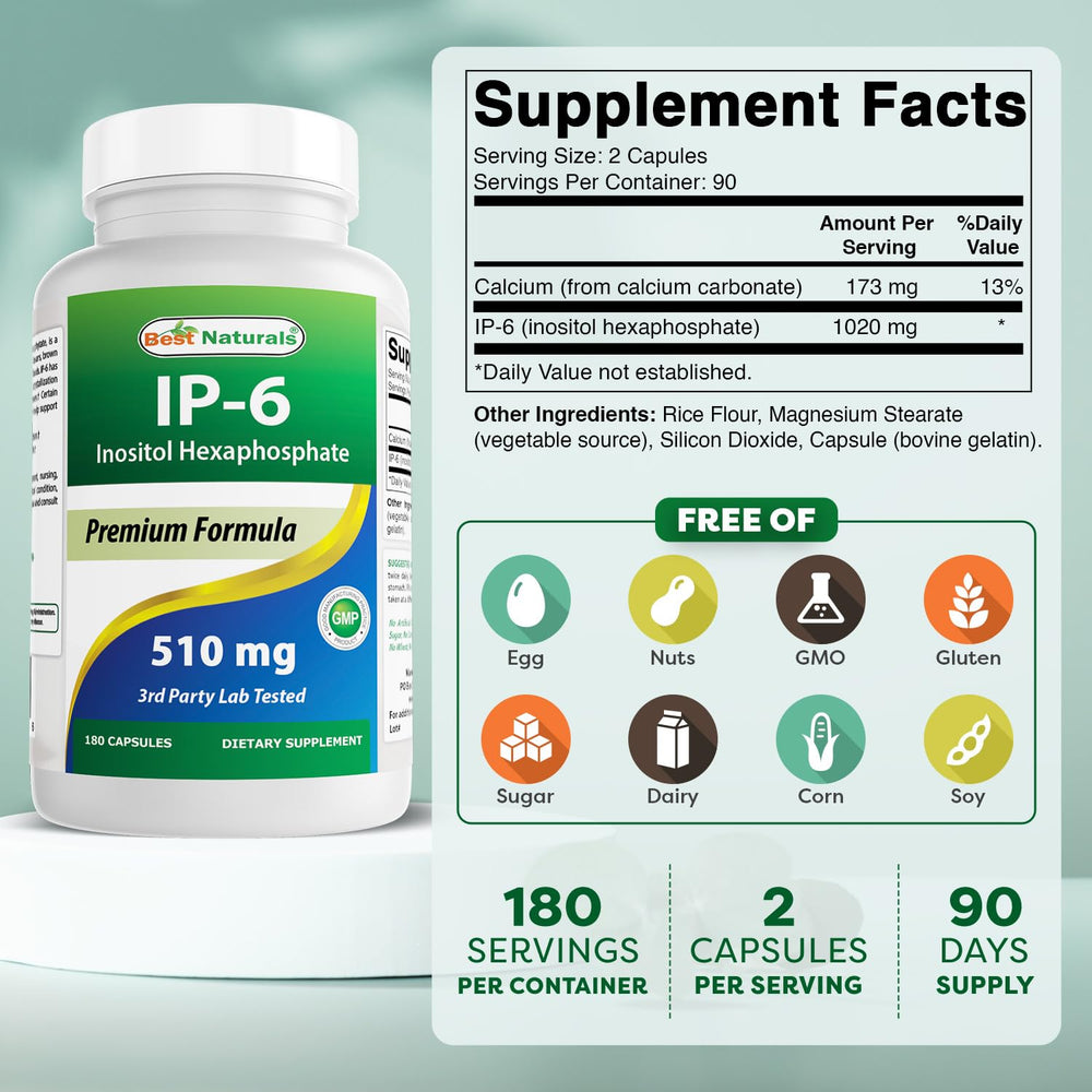 Back label with supplement facts for Best Naturals IP-6 510 mg 180 capsules