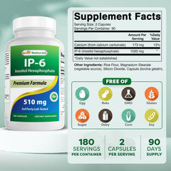 Back label with supplement facts for Best Naturals IP-6 510 mg 180 capsules