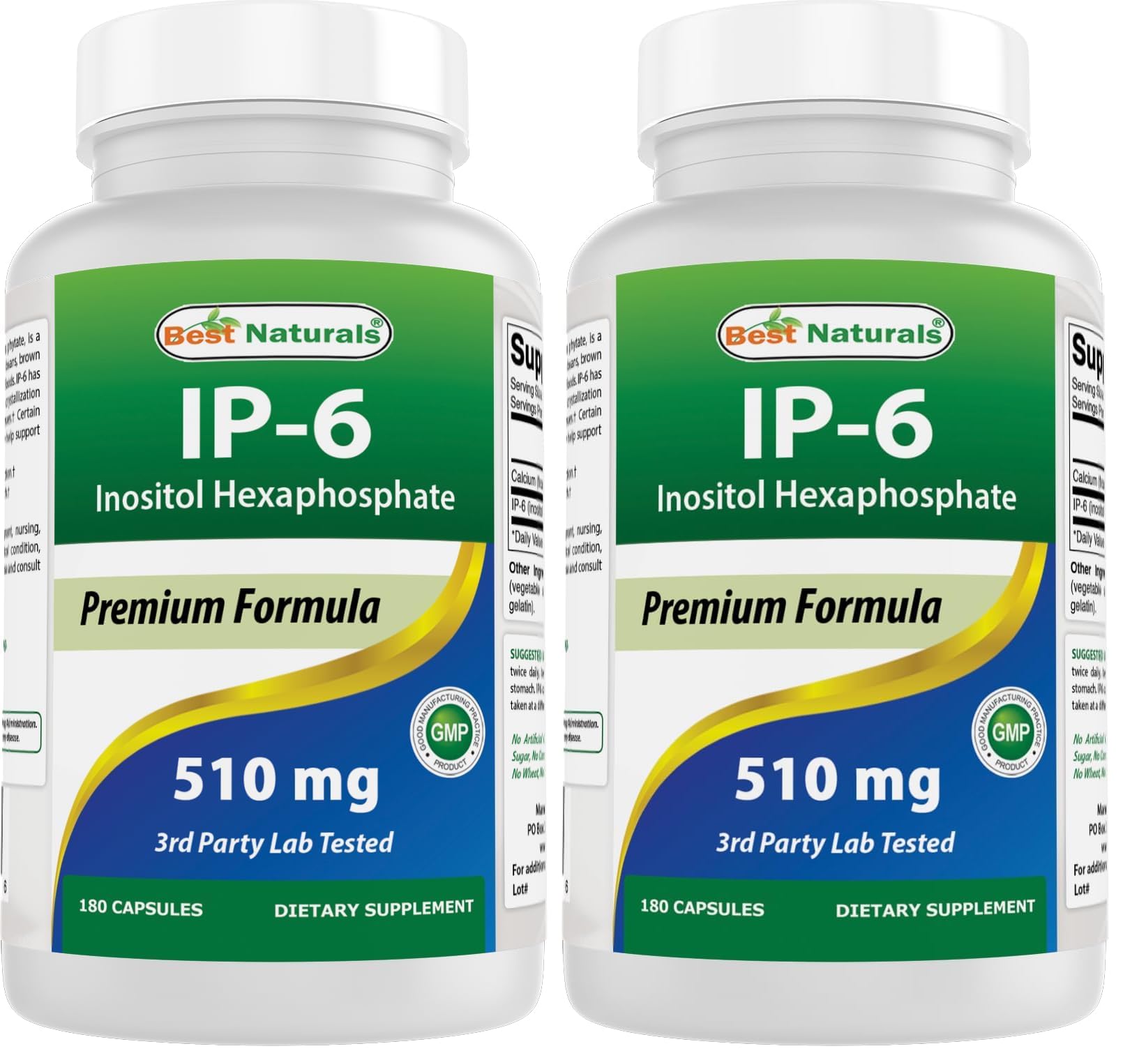 Front view of Best Naturals IP-6 510 mg 180 capsules pack 2