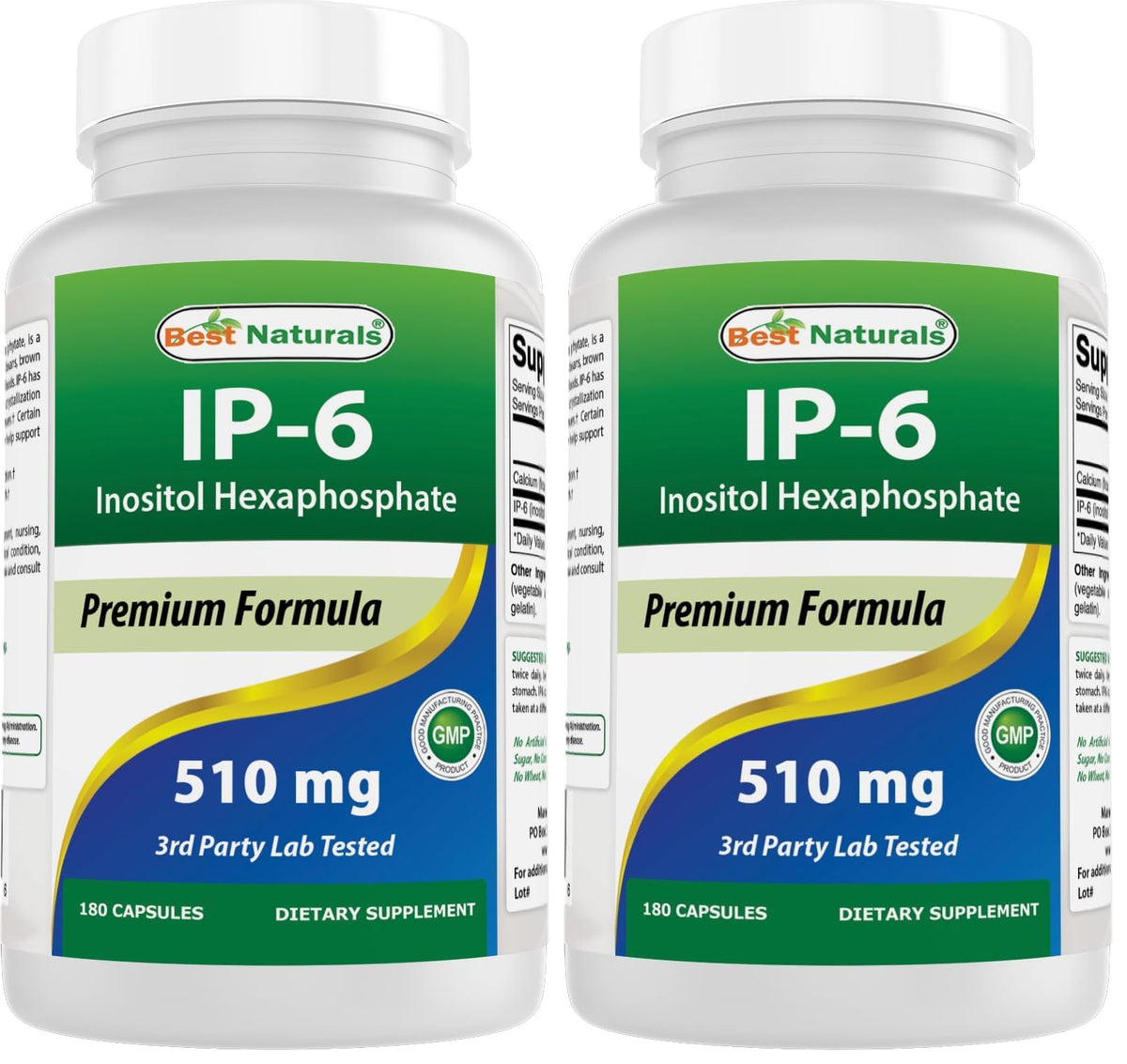 Front view of Best Naturals IP-6 510 mg 180 capsules pack 2