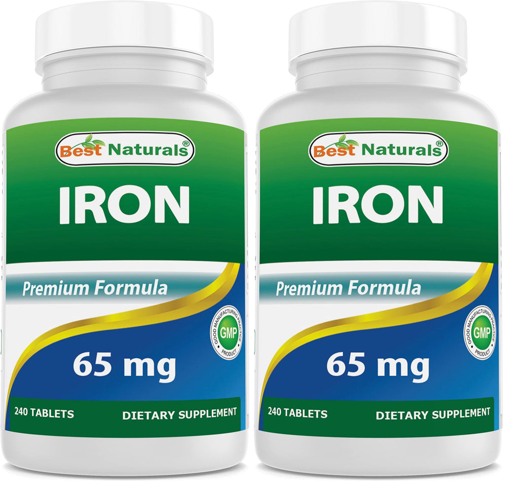Best Naturals Iron Supplement bottle displaying 65 mg per tablet and 240 tablets per bottle