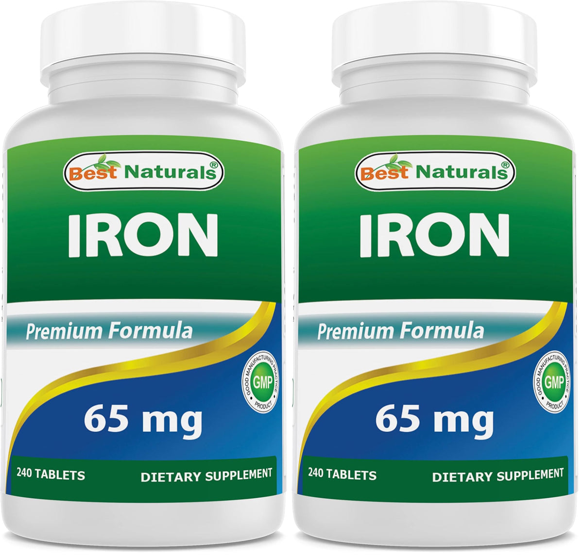 Best Naturals Iron Supplement bottle displaying 65 mg per tablet and 240 tablets per bottle