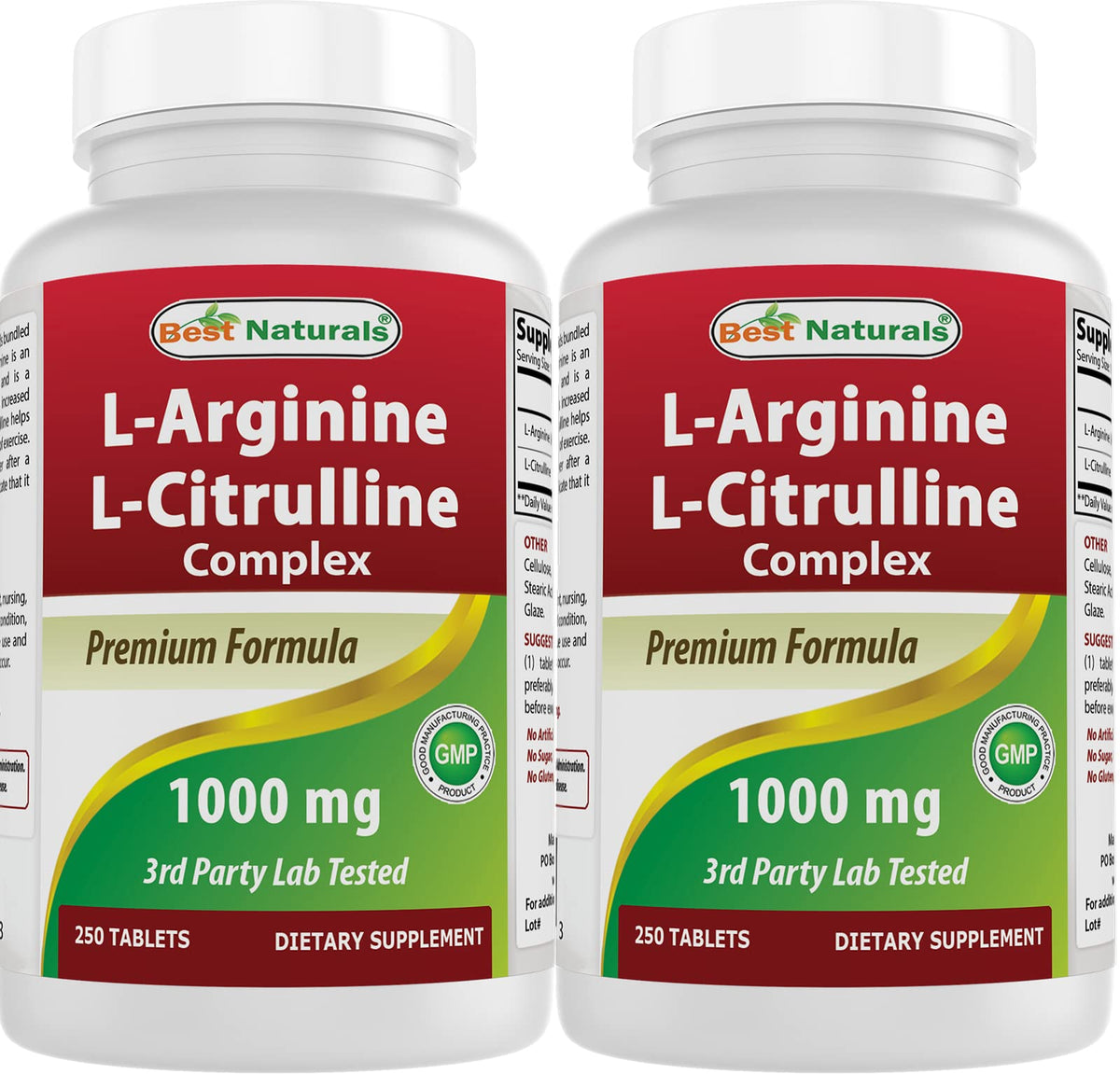 Best Naturals L-Arginine L-Citrulline Complex bottle label showing 1000 mg per tablet
