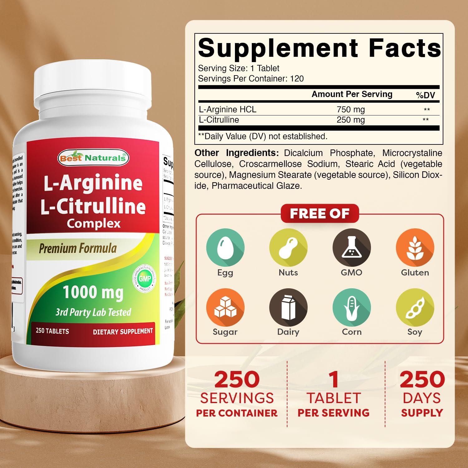 Back view showing supplement facts for Best Naturals L-Arginine L-Citrulline Complex