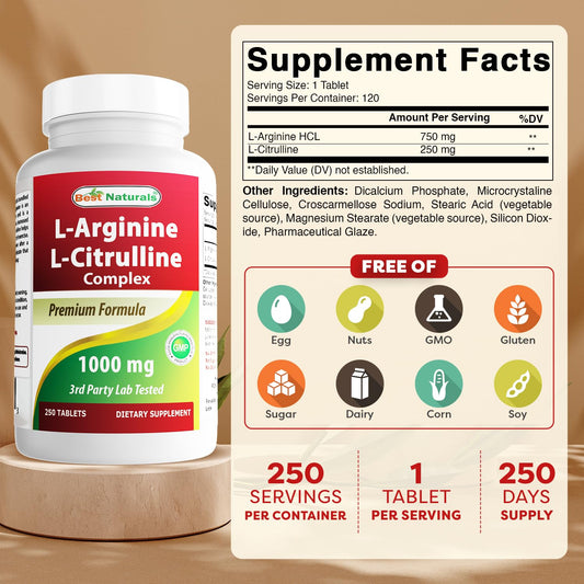 Back view showing supplement facts for Best Naturals L-Arginine L-Citrulline Complex