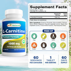 Back label of Best Naturals L-Carnitine bottle with supplement facts