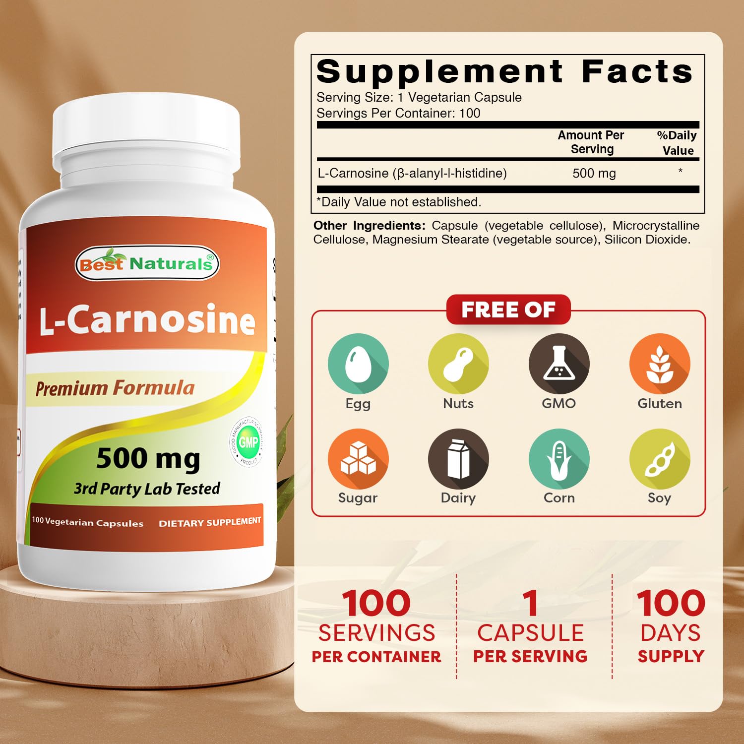 Back label of Best Naturals L-Carnosine 500 mg bottle