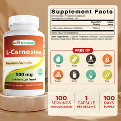 Back label of Best Naturals L-Carnosine 500 mg bottle