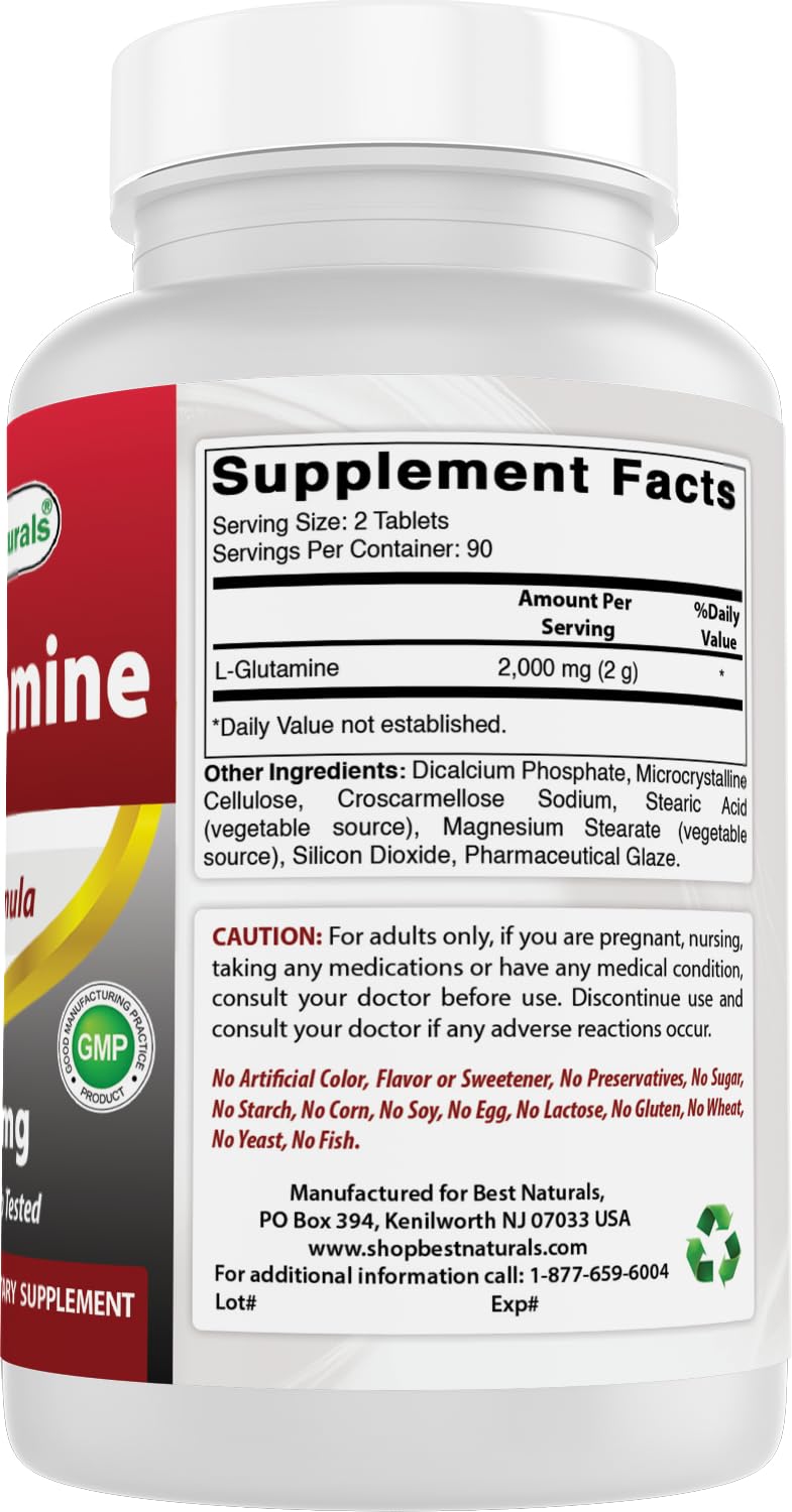 Bottle of Best Naturals L-Glutamine 1000mg tablets