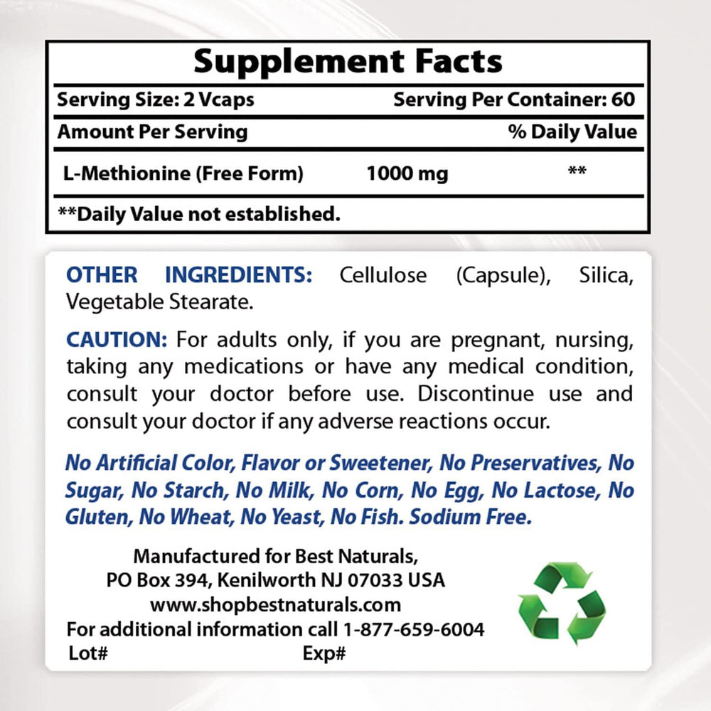 Close-up of Best Naturals L-Methionine 500 mg label