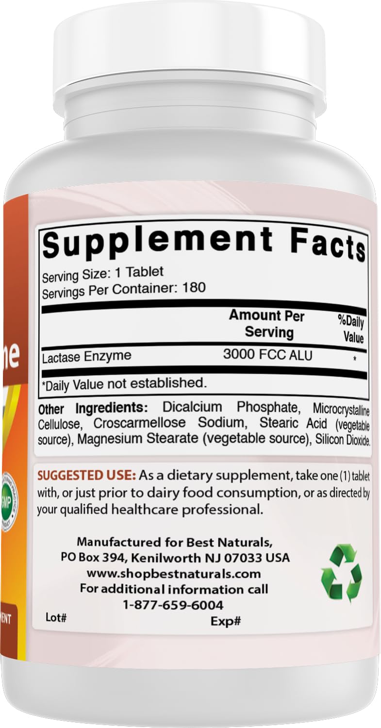 180 tablets per bottle of Best Naturals Lactase Enzyme 3000 FCC ALU