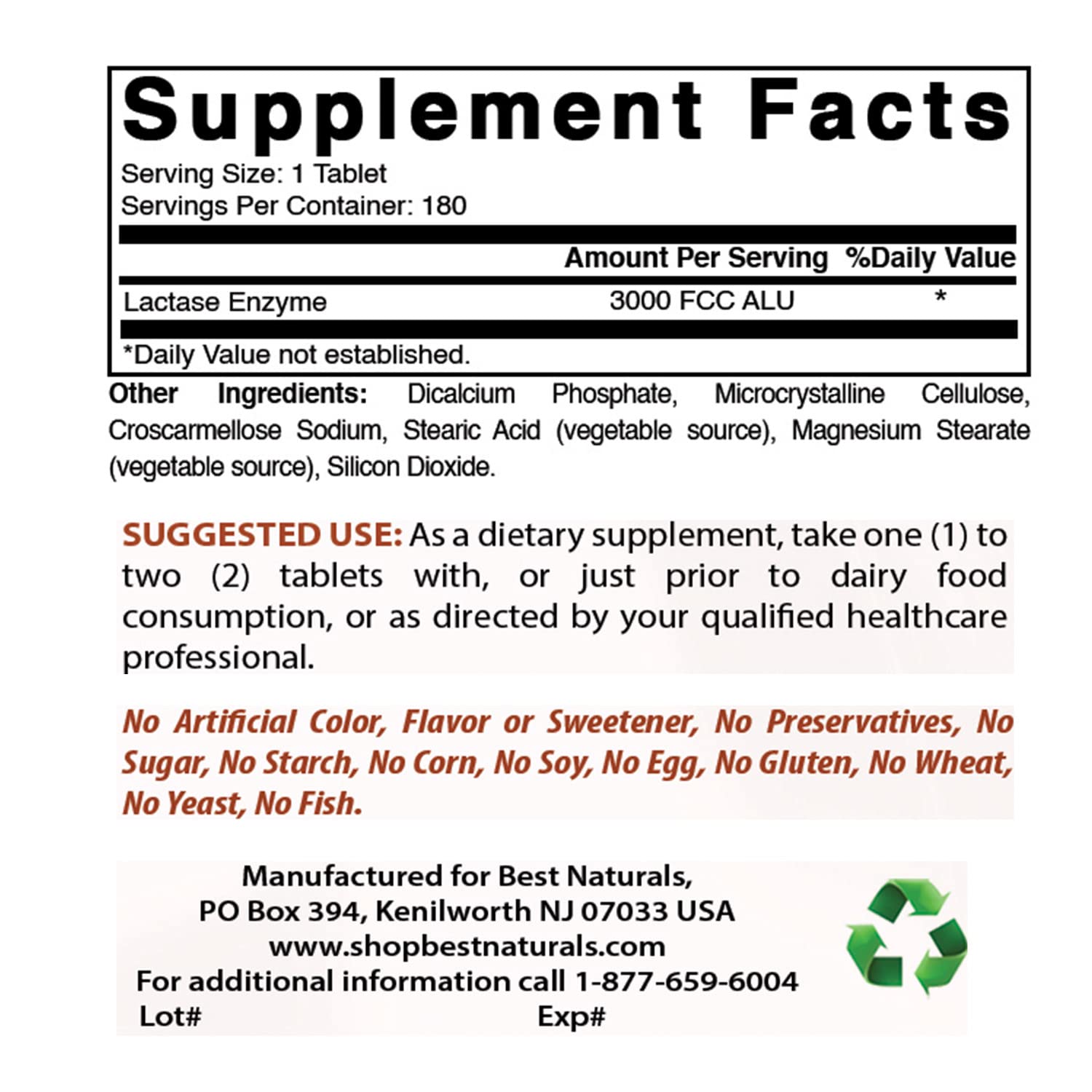 Three-pack of Best Naturals Lactase Enzyme 3000 FCC ALU bottles side view