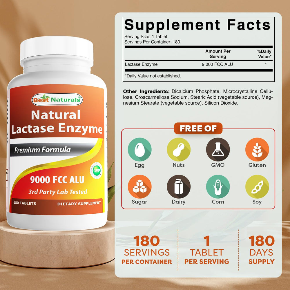 Best Naturals lactase enzyme per tablet highlighting high potency