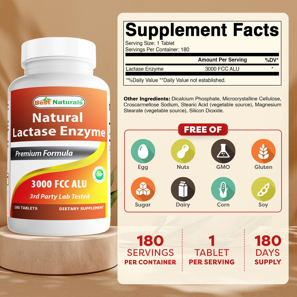 Supplement facts panel on Best Naturals lactase enzyme bottle