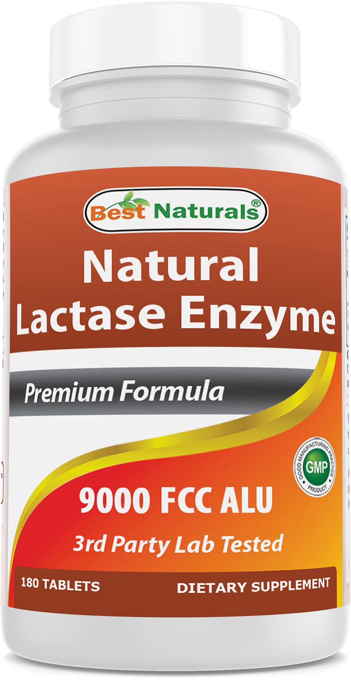 Front view of Best Naturals Lactase Enzyme tablets bottle