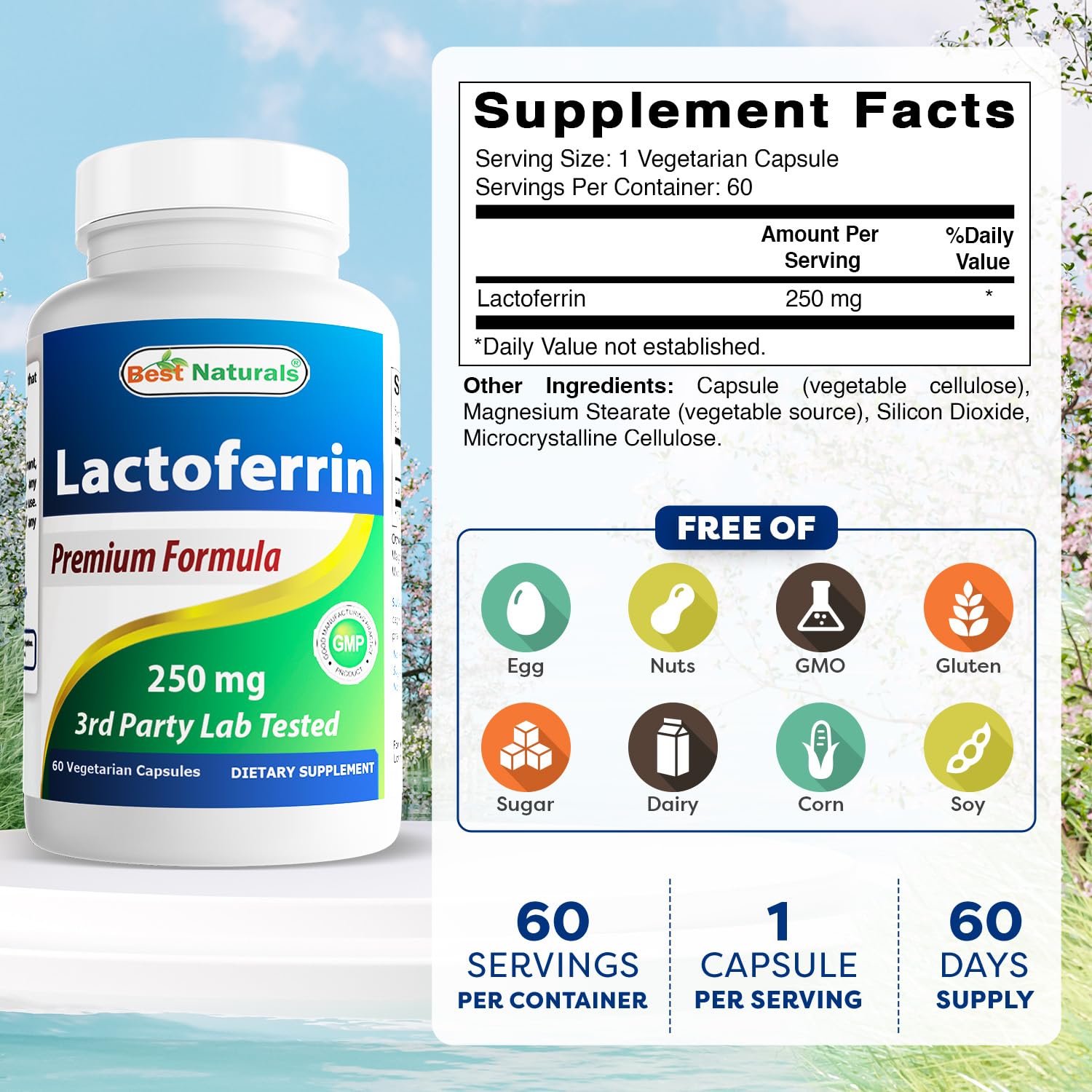 Lactoferrin 250 mg per vegetarian capsule label close-up