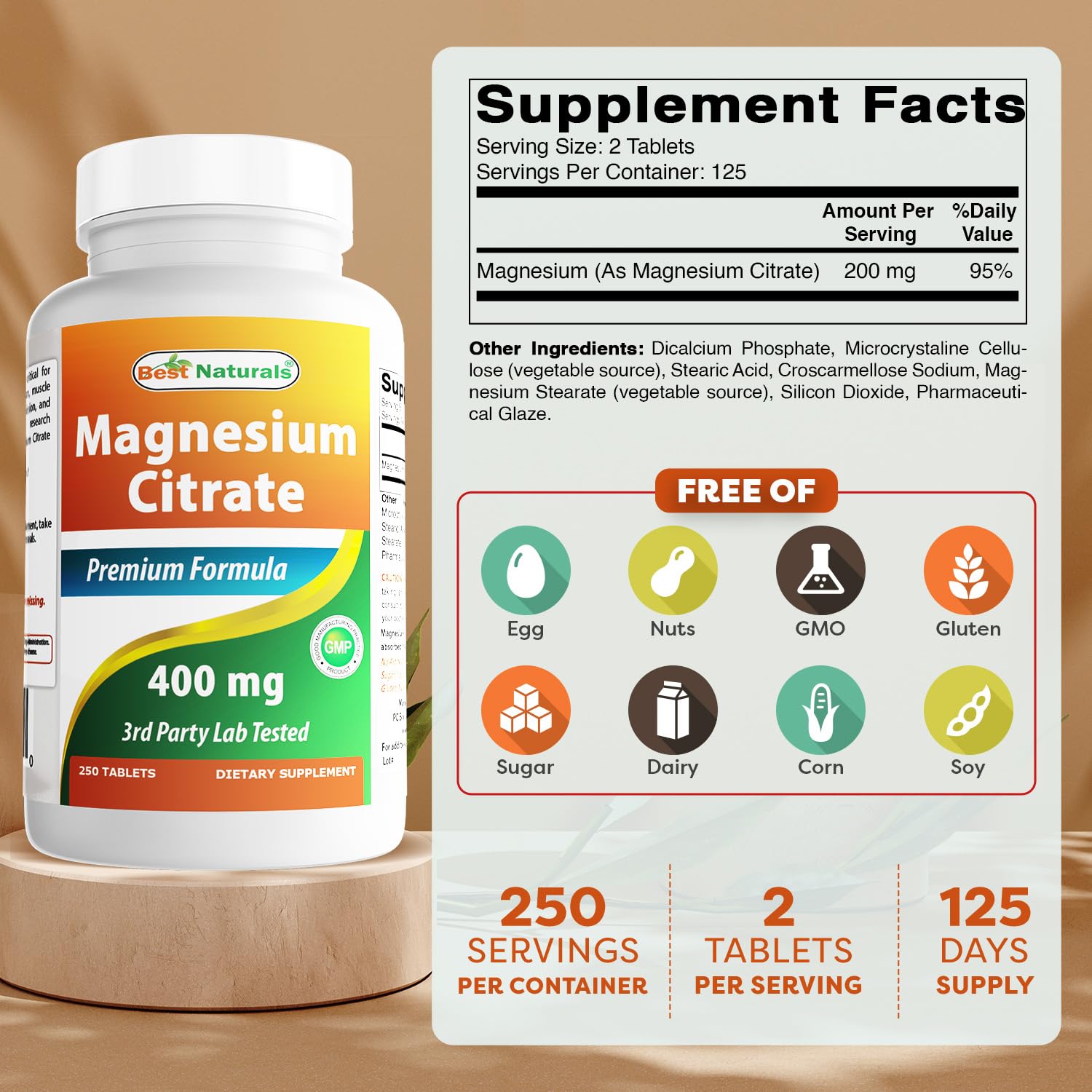 Close-up of Best Naturals Magnesium Citrate 400 mg bottle label