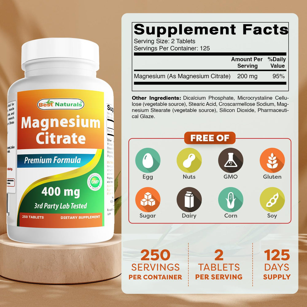 Close-up of Best Naturals Magnesium Citrate 400 mg bottle label