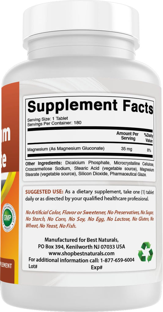 Front label of Best Naturals Magnesium Gluconate 180 tablets