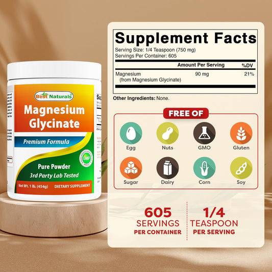 Side view of Best Naturals Magnesium Glycinate Powder bottle