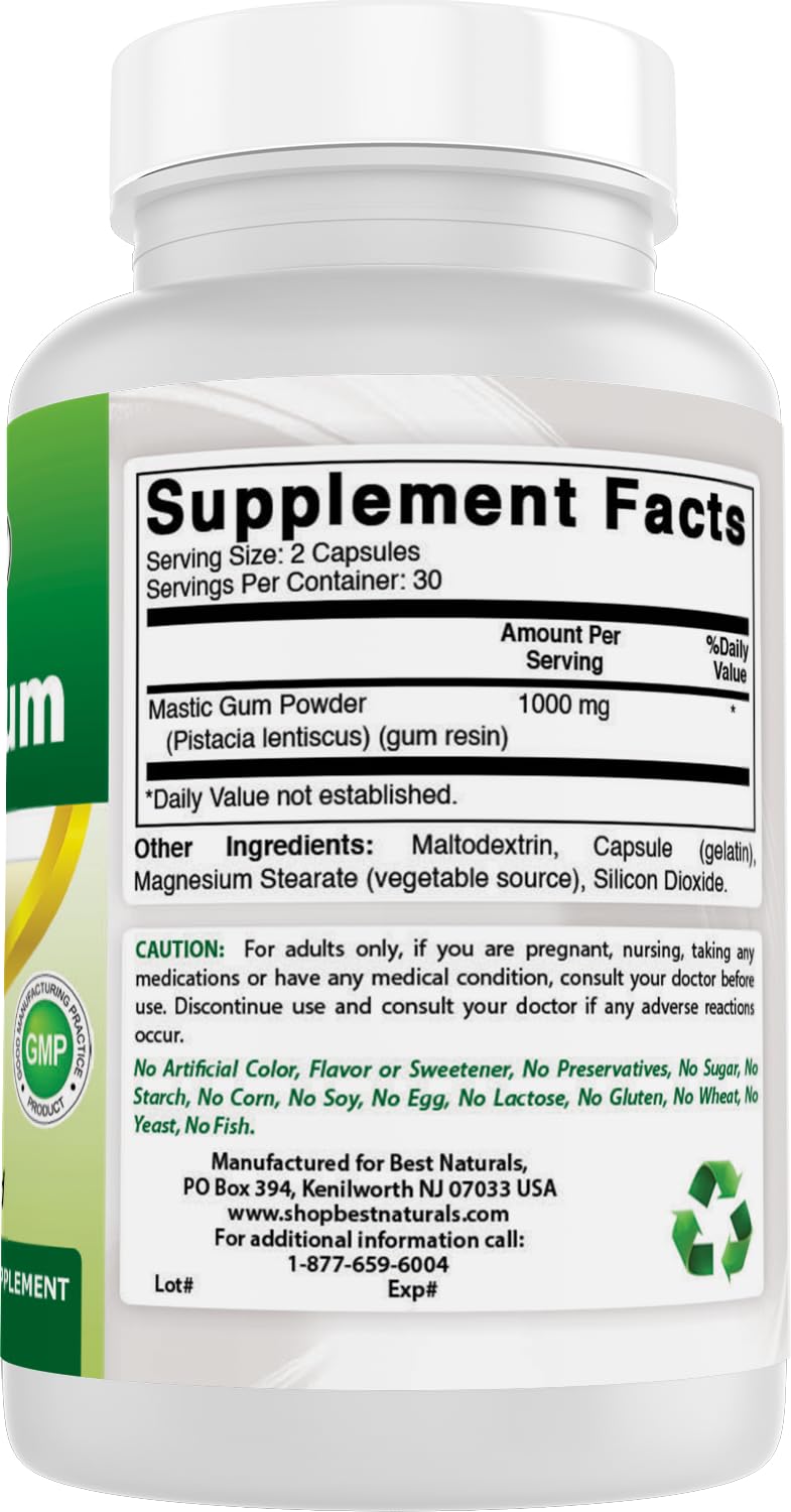 Nutrition facts label for Best Naturals Mastic Gum 500 mg