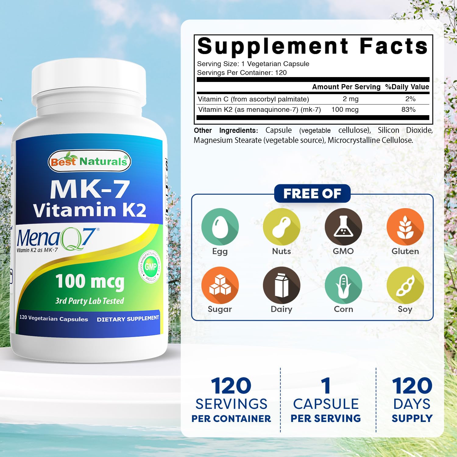 Side view of Best Naturals MK-7 Vitamin K2 bottle