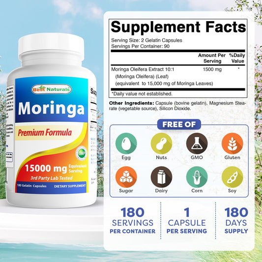 Close-up of bottle label displaying 1500 mg Moringa Extract 10:1 per serving