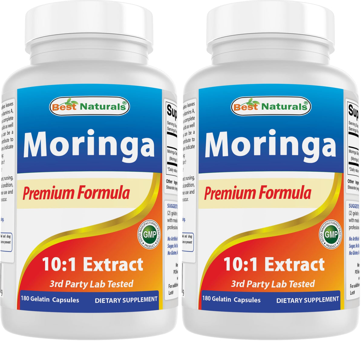 Front view of Best Naturals Moringa Extract 10:1 1500mg 180 capsules Pack 2