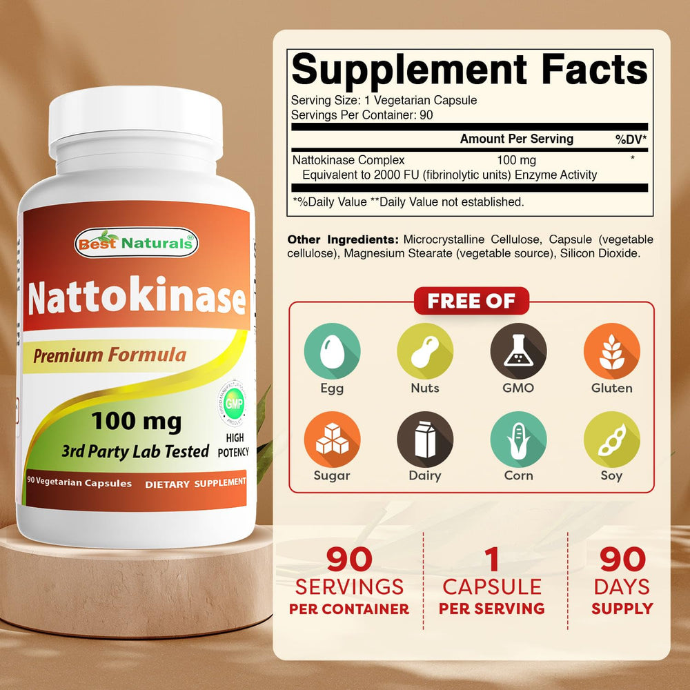 Close-up of nattokinase label showing 2000 FU and 100 mg