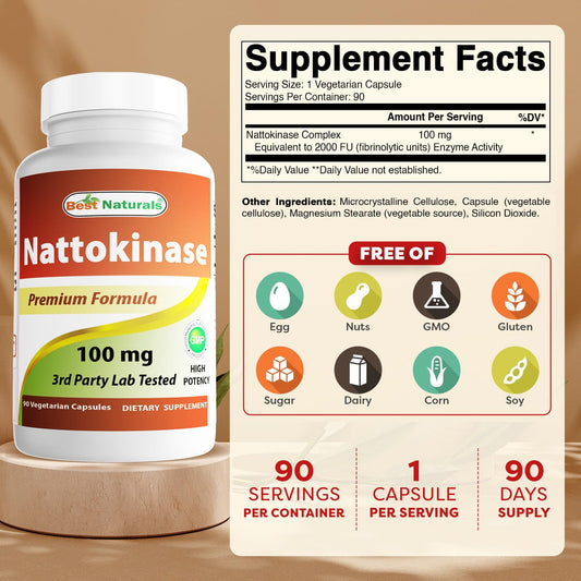 Close-up of nattokinase label showing 2000 FU and 100 mg