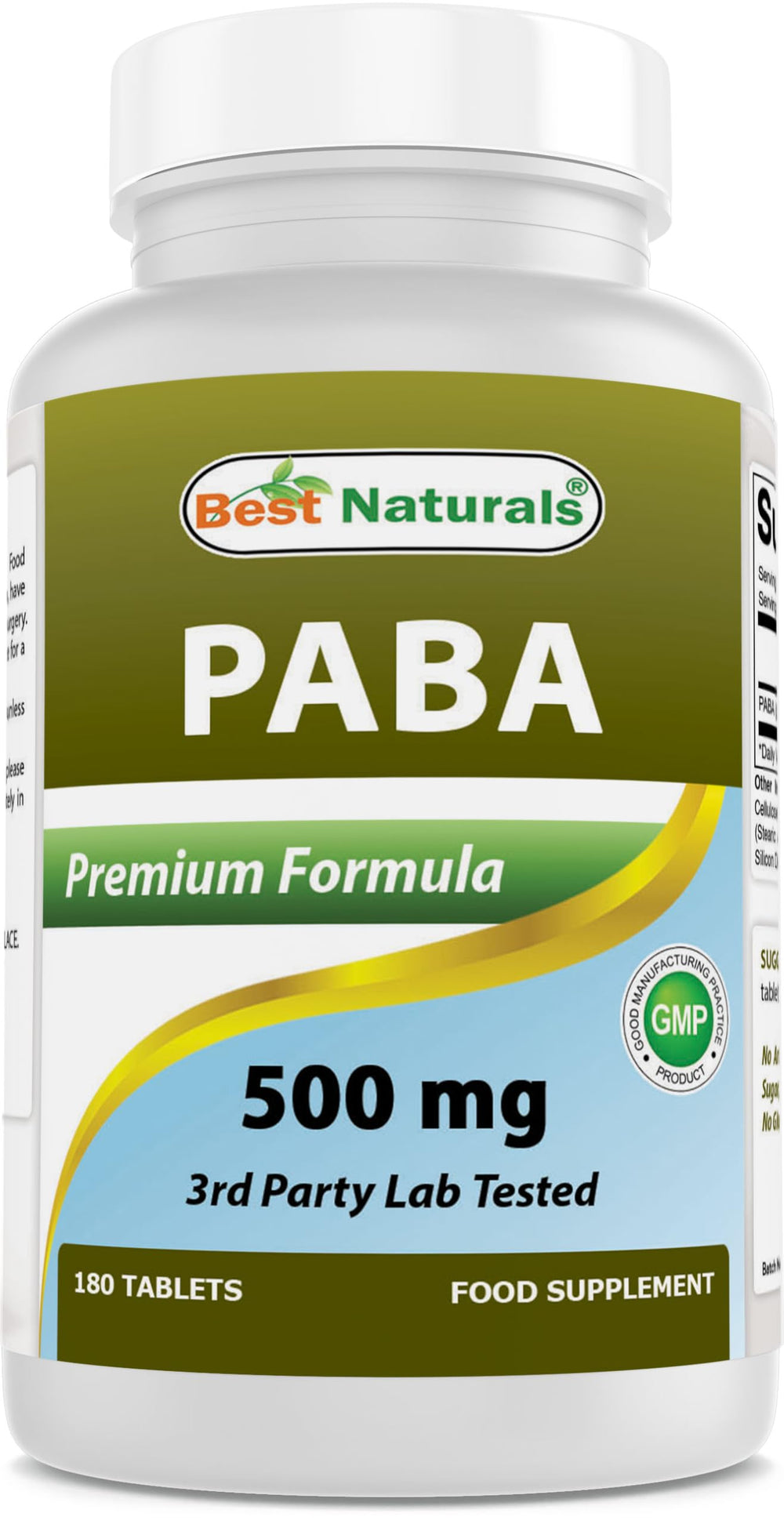 Front view of Best Naturals PABA 500 mg 180 tablets bottle