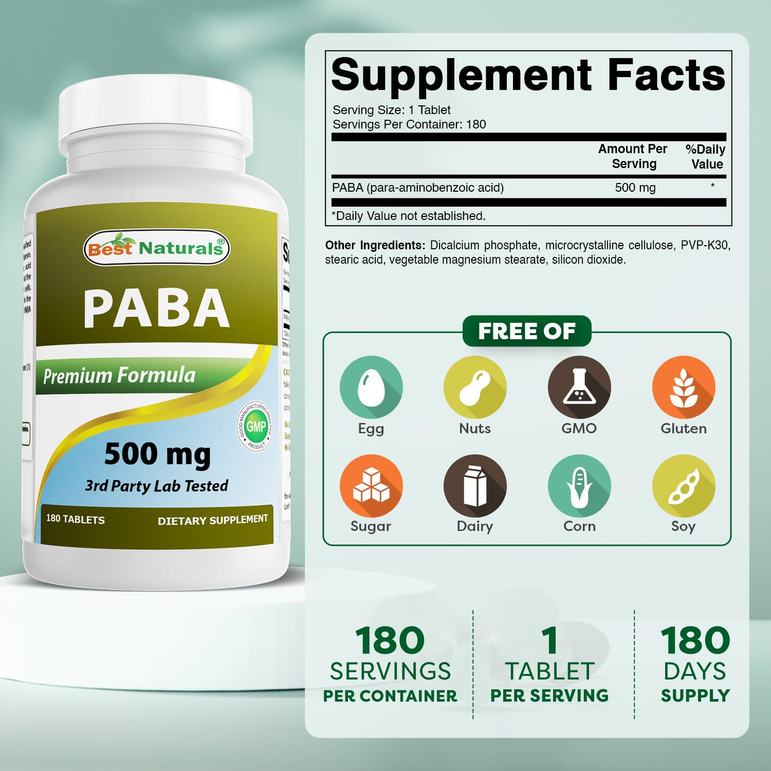 PABA 500 mg per tablet label showing purity claim