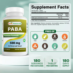 PABA 500 mg per tablet label showing purity claim