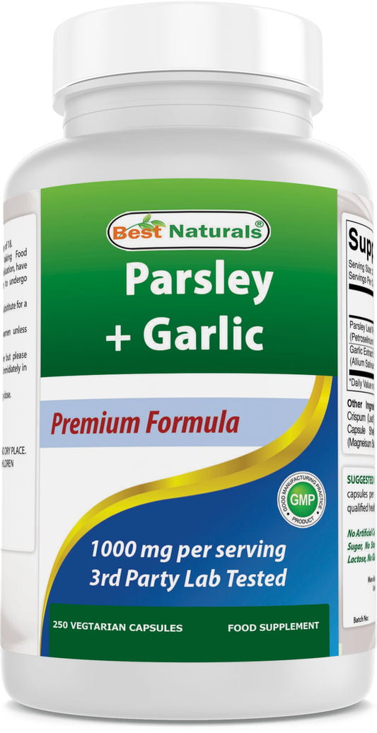 Front label of Best Naturals Parsley & Garlic 1000 mg bottle