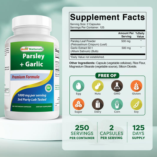Ingredient panel showing 1000 mg per serving parsley powder and garlic extract