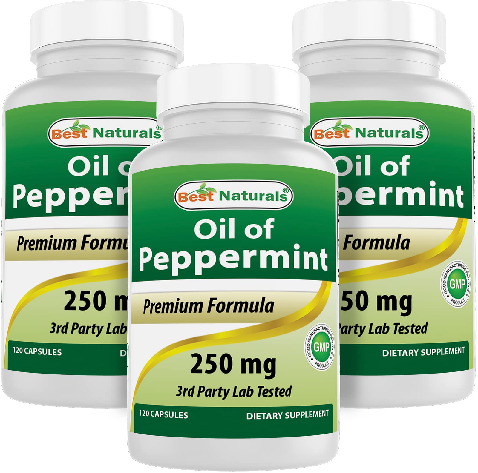 Front view of Best Naturals Peppermint Oil 250 mg 120 Capsules Pack of 3 bottle