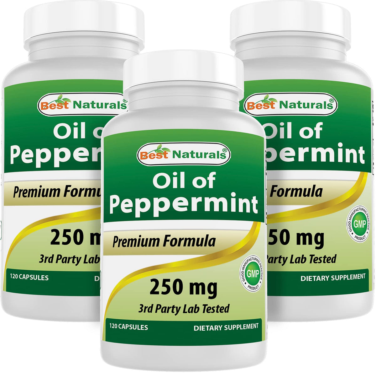 Front view of Best Naturals Peppermint Oil 250 mg 120 Capsules Pack of 3 bottle