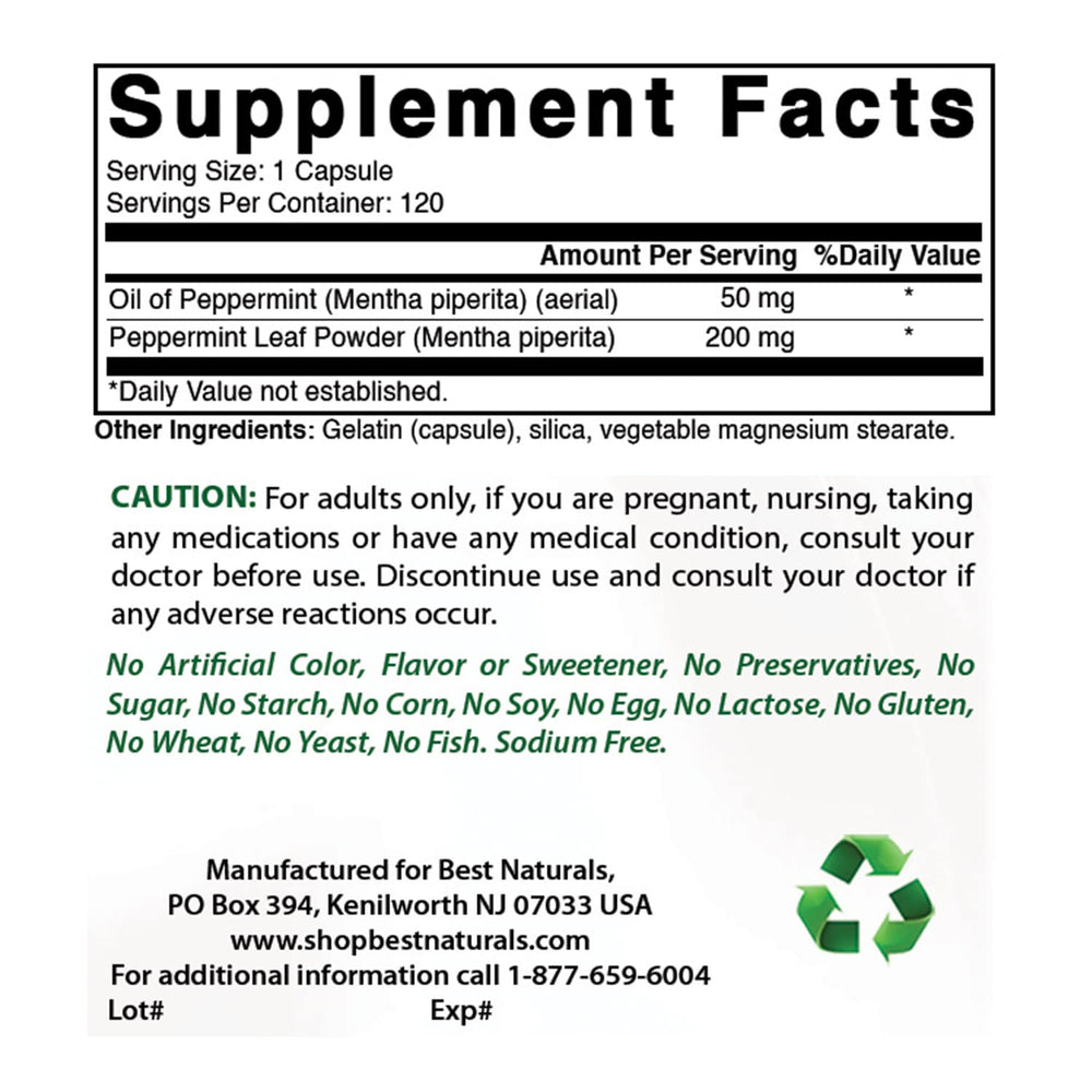 Close-up of product label for Best Naturals Peppermint Oil 250 mg 120 Capsules