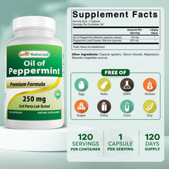 Best Naturals Peppermint Oil capsules closeup with 250 mg per capsule.