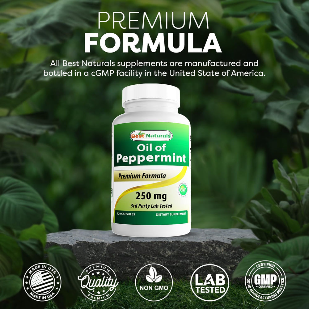 Best Naturals Peppermint Oil ingredients panel emphasizes purity and certifications.