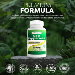 Best Naturals Peppermint Oil ingredients panel emphasizes purity and certifications.