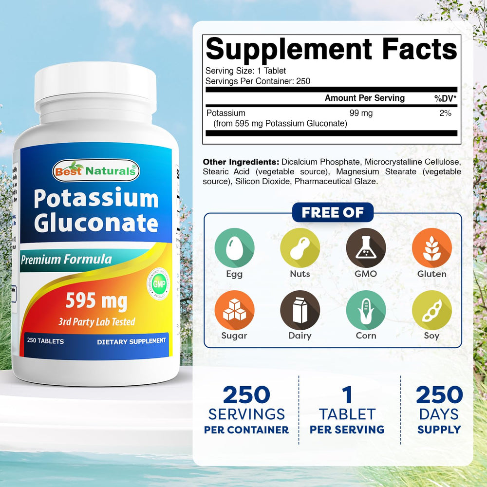 Side view of Best Naturals Potassium Gluconate bottle