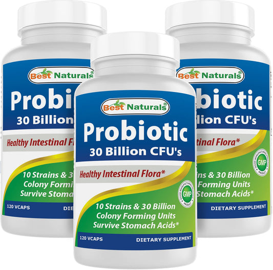 Front view of Best Naturals Probiotic 10 Strains 30B CFU bottle with 120 veggie capsules