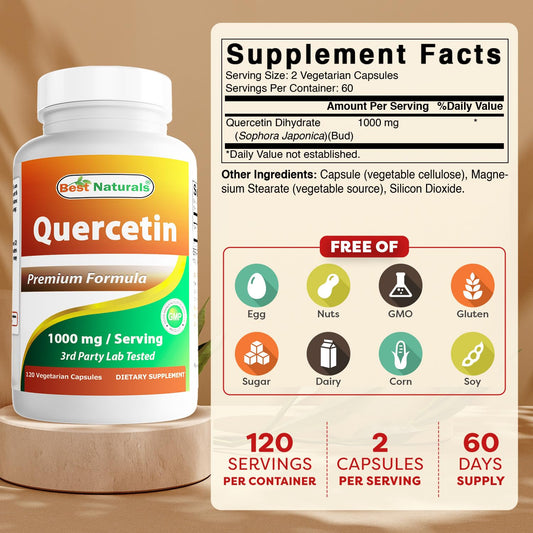 Close-up of Quercetin 1000 mg per serving information on bottle