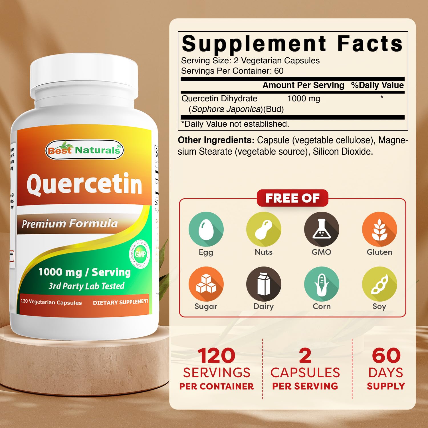 Best Naturals Quercetin capsules in hand highlight convenient veggie format.