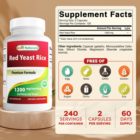 Close-up label of Best Naturals Red Yeast Rice 1200mg - 240 capsules
