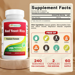 Close-up label of Best Naturals Red Yeast Rice 1200mg - 240 capsules