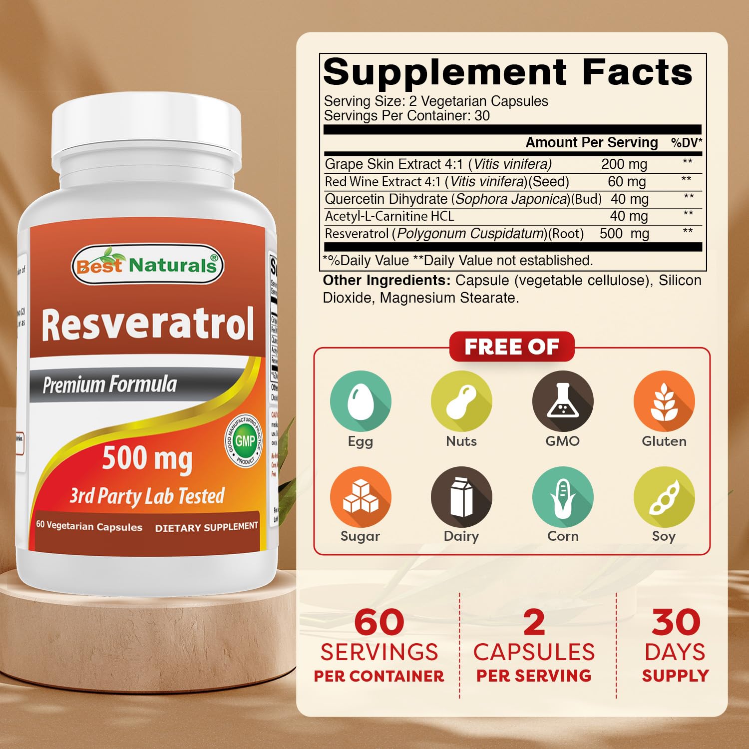 Bottle of Best Naturals Resveratrol Complex 500 mg with two 60-capsule packs